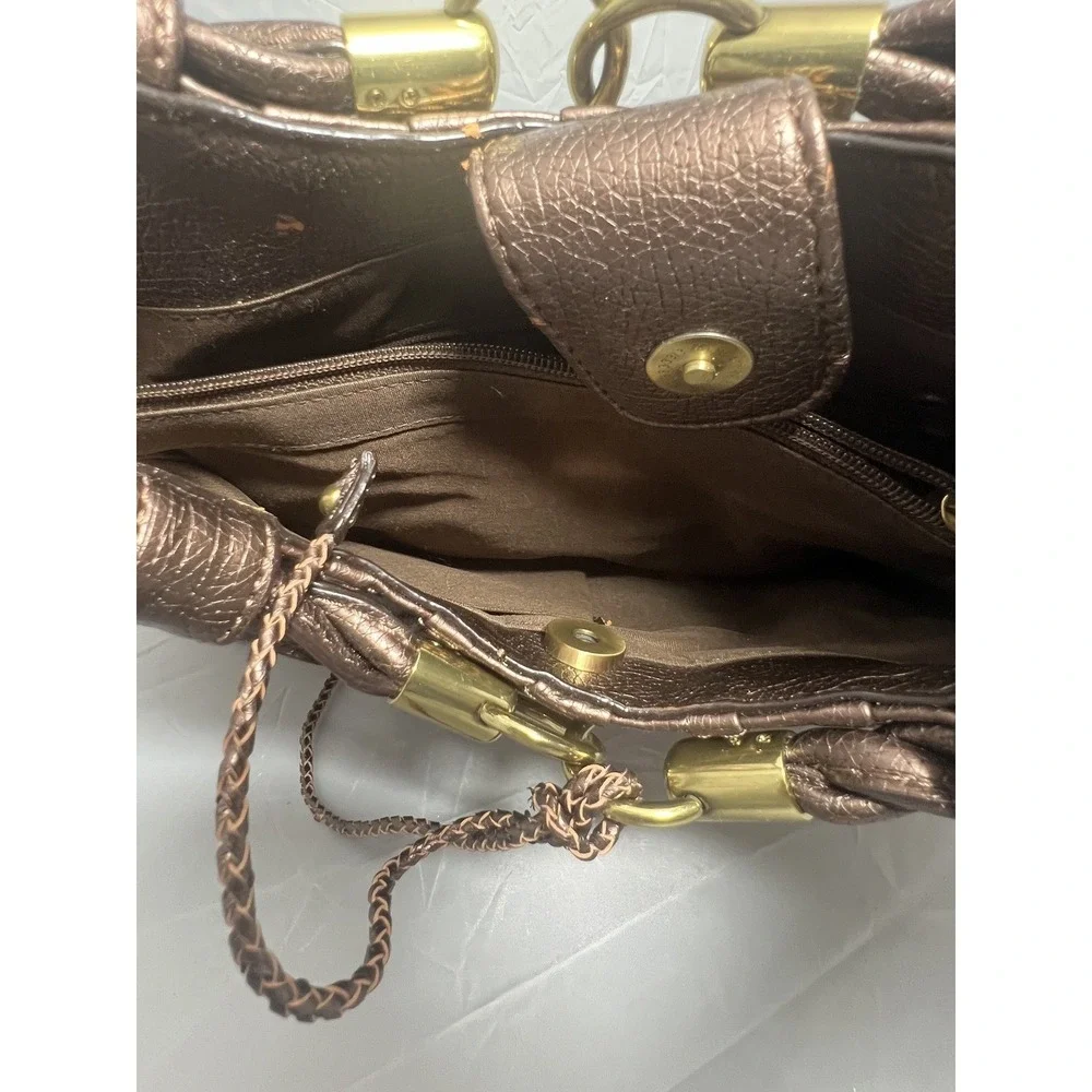 Metallic‎ Bronze Faux Leather Shoulder Bag Braided Handle Magnetic Closure